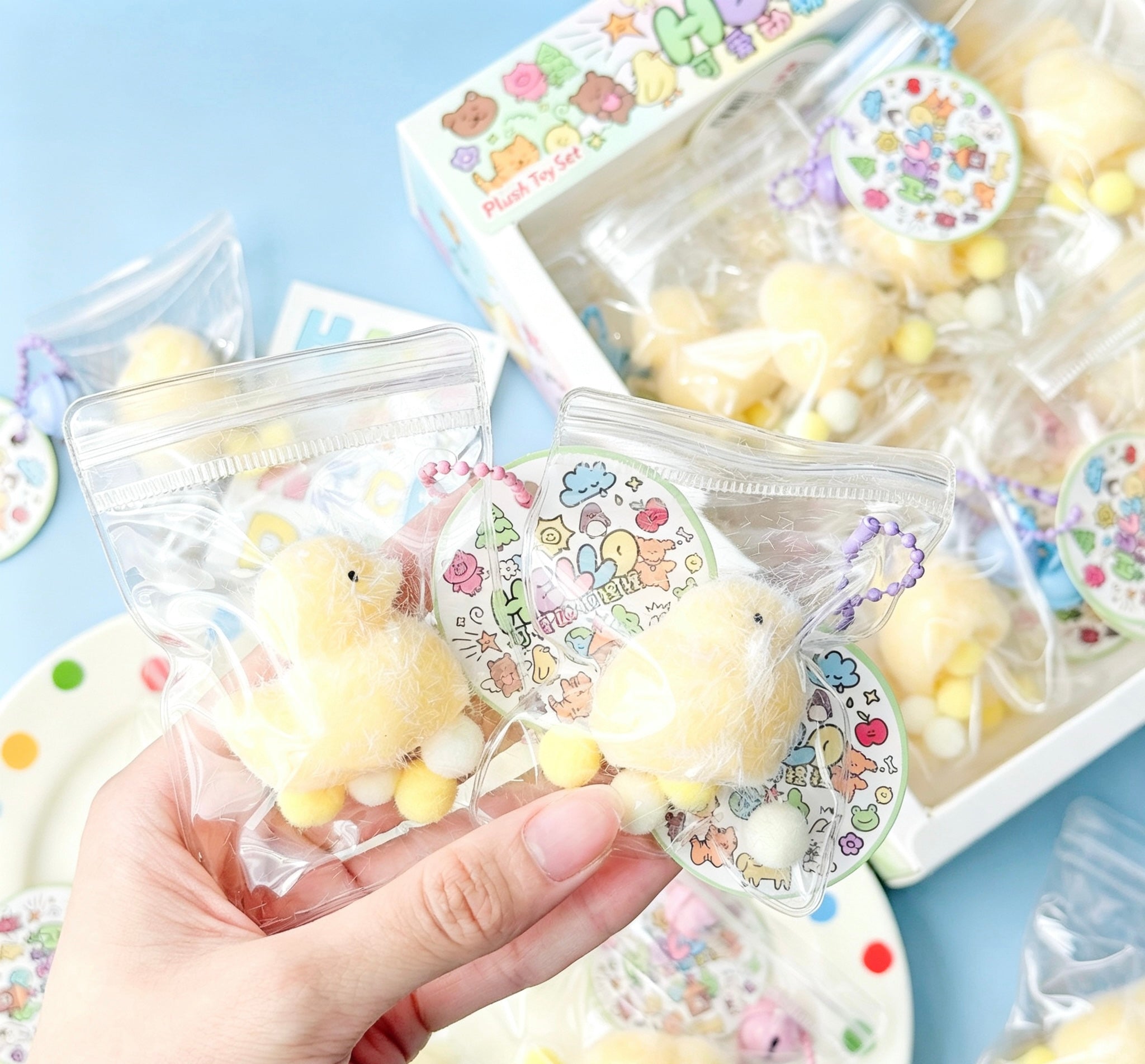 fluffy yellow duck squishy keychain